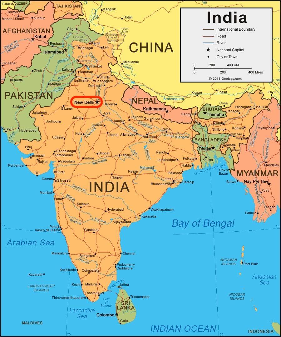 インド地図上のニューデリー
