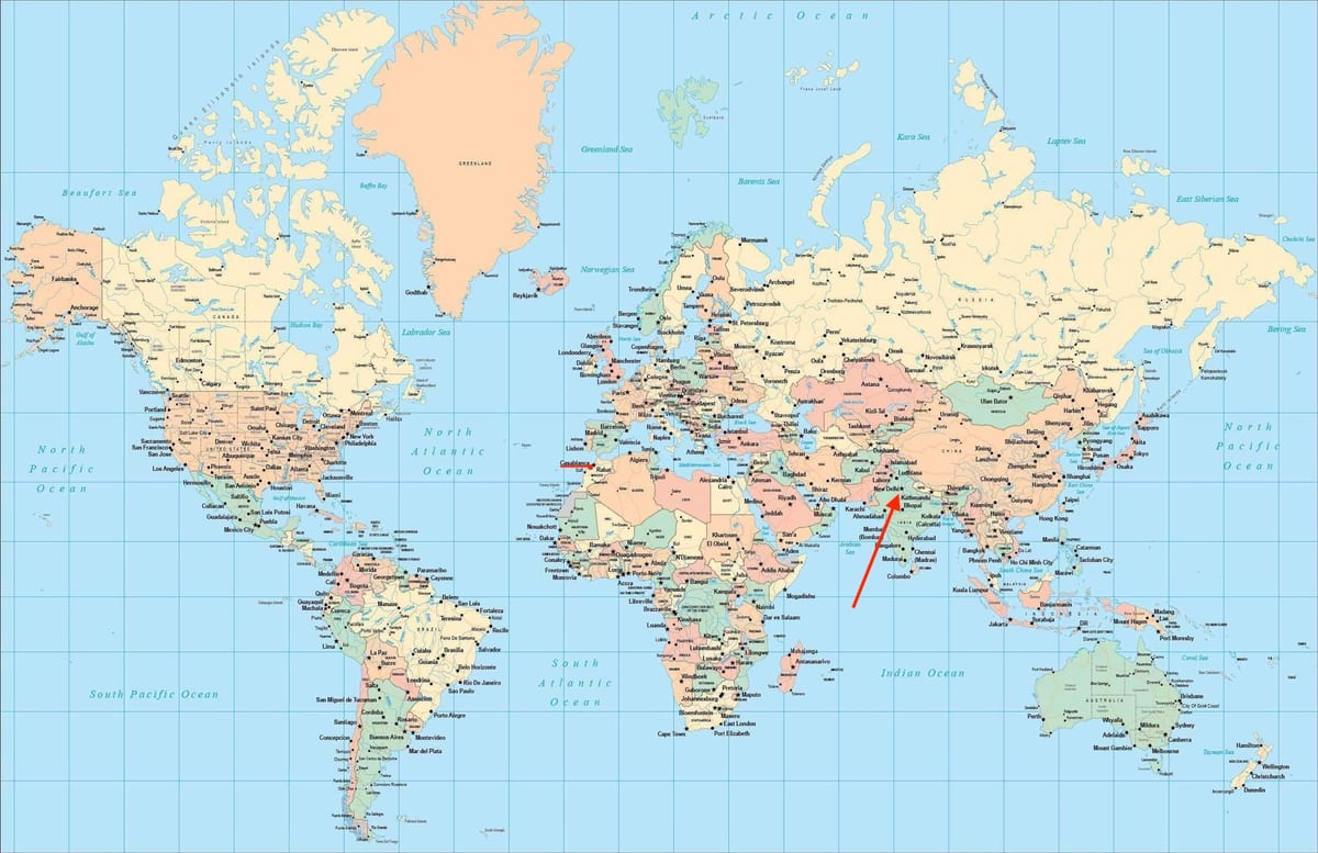 世界地図上でのニューデリーの位置